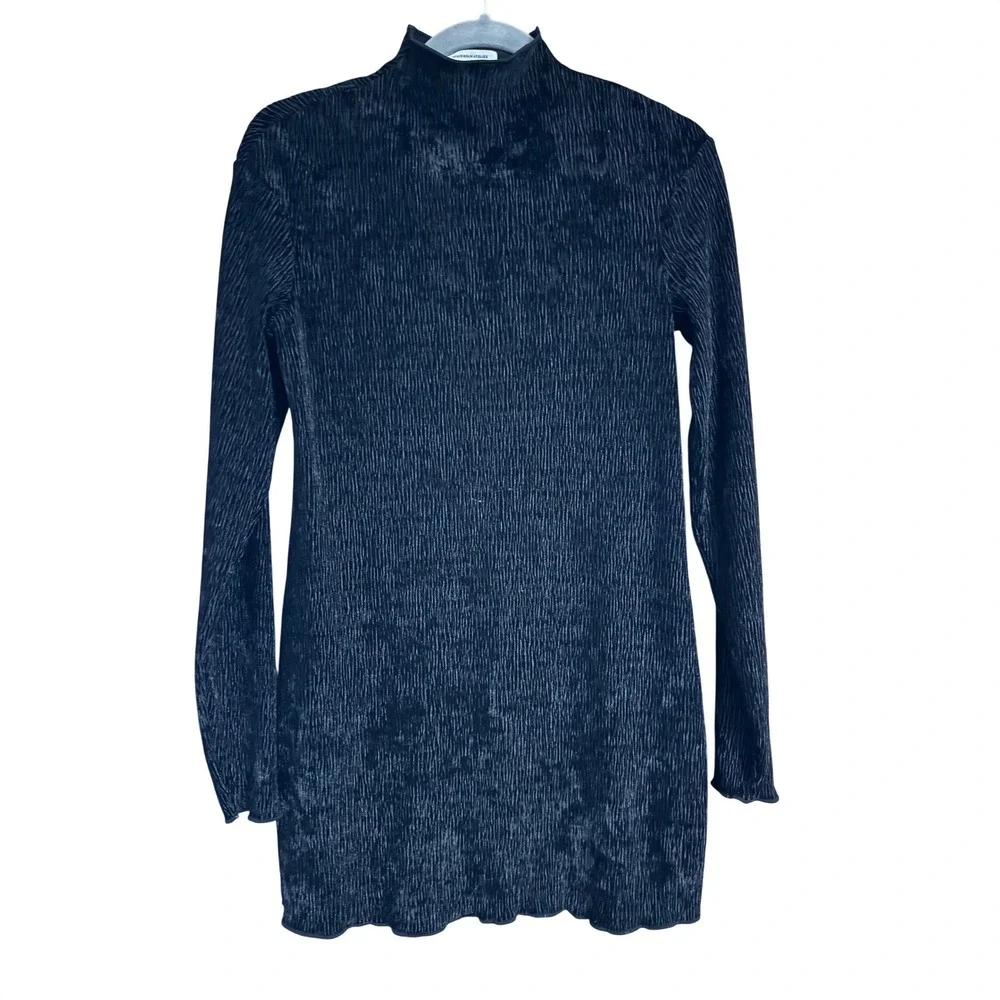 & Other Stories Stockholm Atelier Black Plisse Mock Neck Mini Dress US 4
